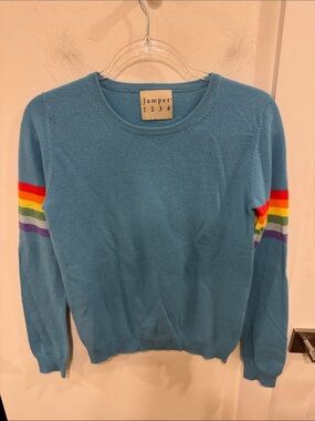 Jumper 1234 Blue Crewneck Sweater with Rainbow Sleeve Stripes